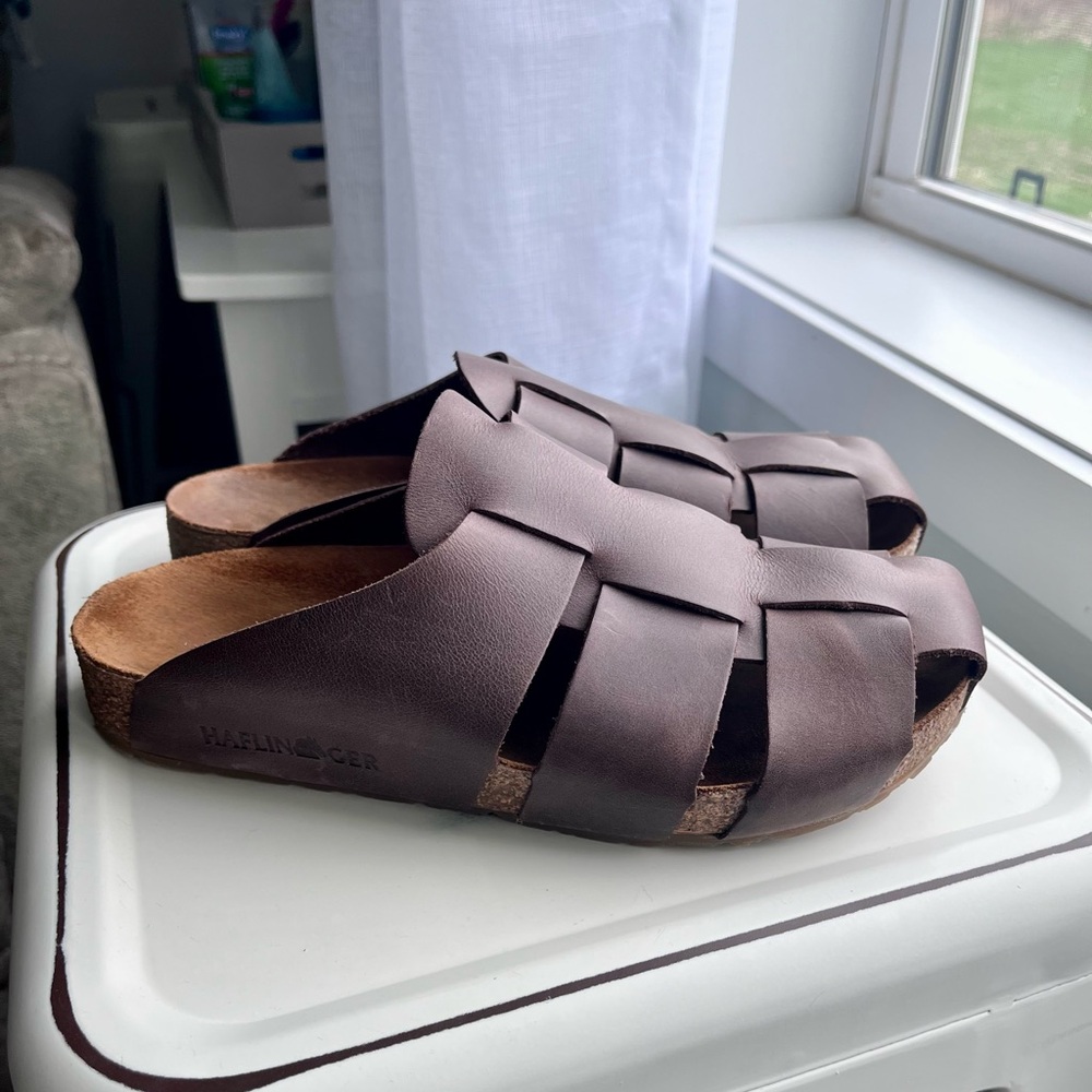 HAFLINGER Brown Leather Woven Slide Sandals